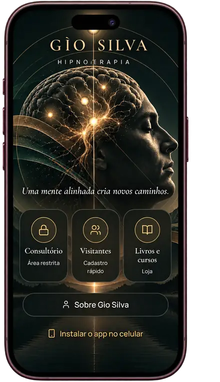 Celular mostrando a tela inicial do aplicativo do consultório GÌO Silva