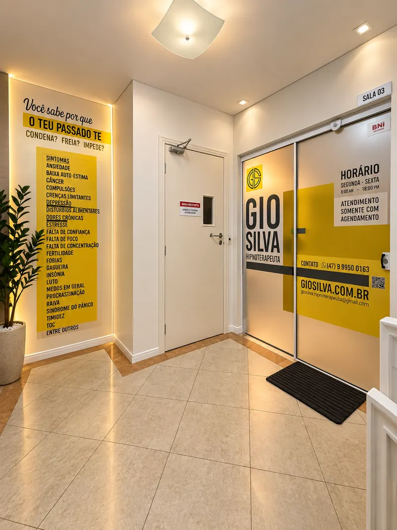Entrada da Sala 03 com identificação Gio Silva Hipnoterapeuta