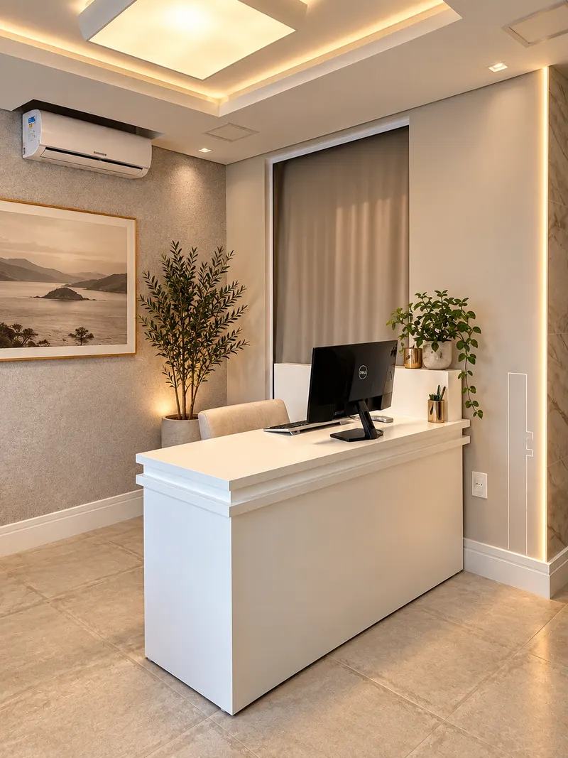 Recepção iluminada com plantas e quadro de paisagem