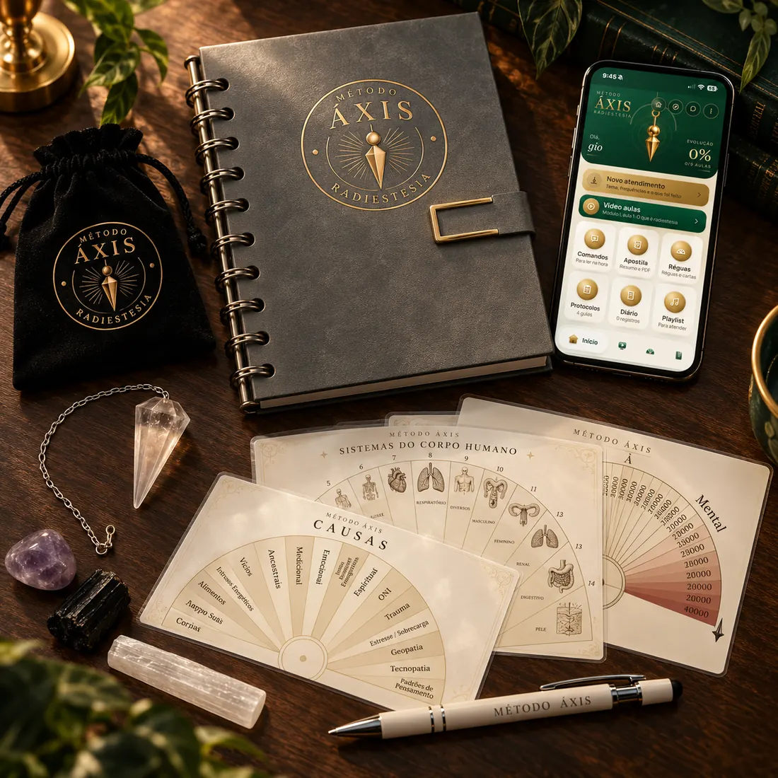 Kit do aluno do Método Áxis: pêndulo, réguas, pedras, apostila e caneta
