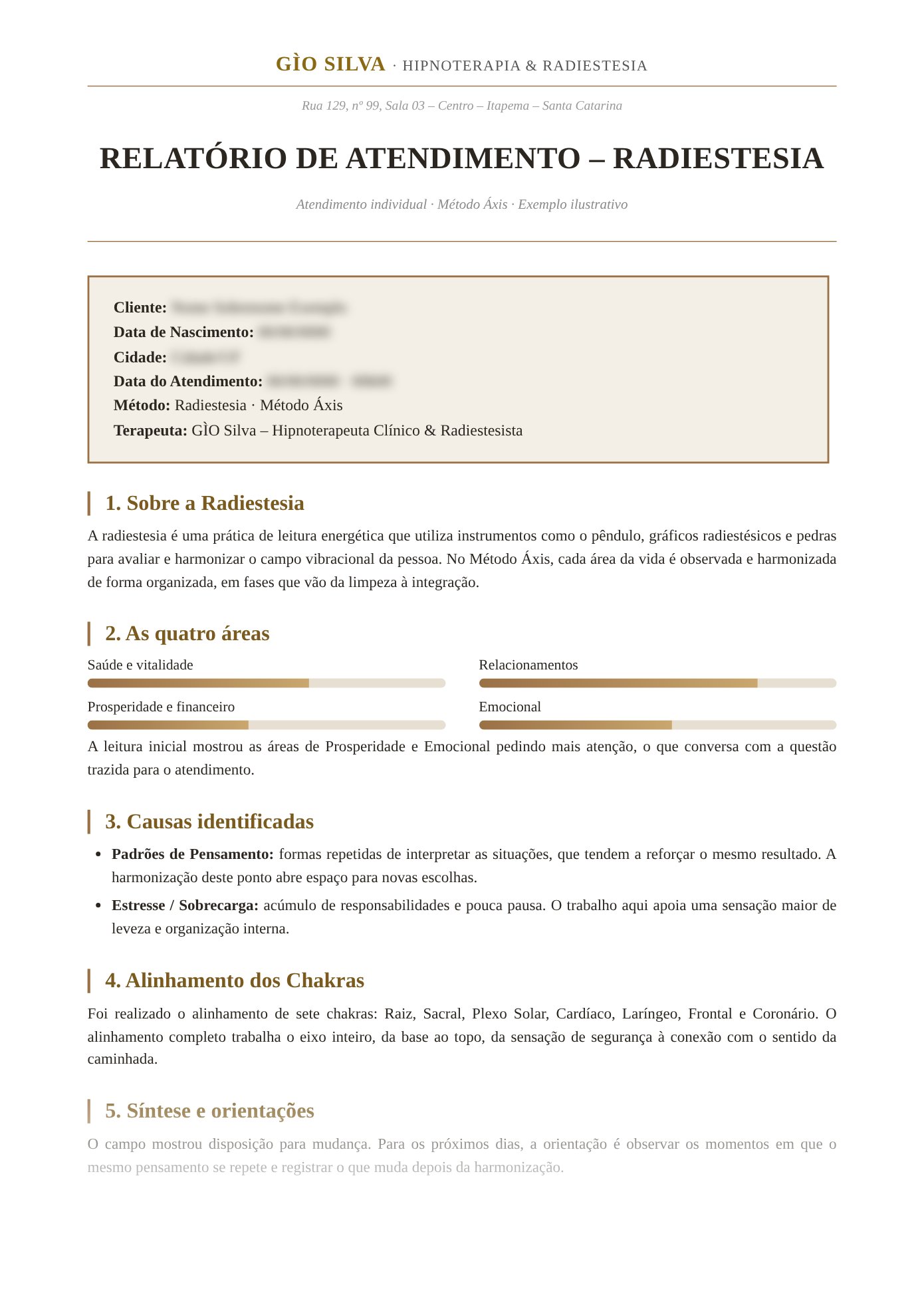 Exemplo ilustrativo de relatório de atendimento de Radiestesia, com dados pessoais borrados